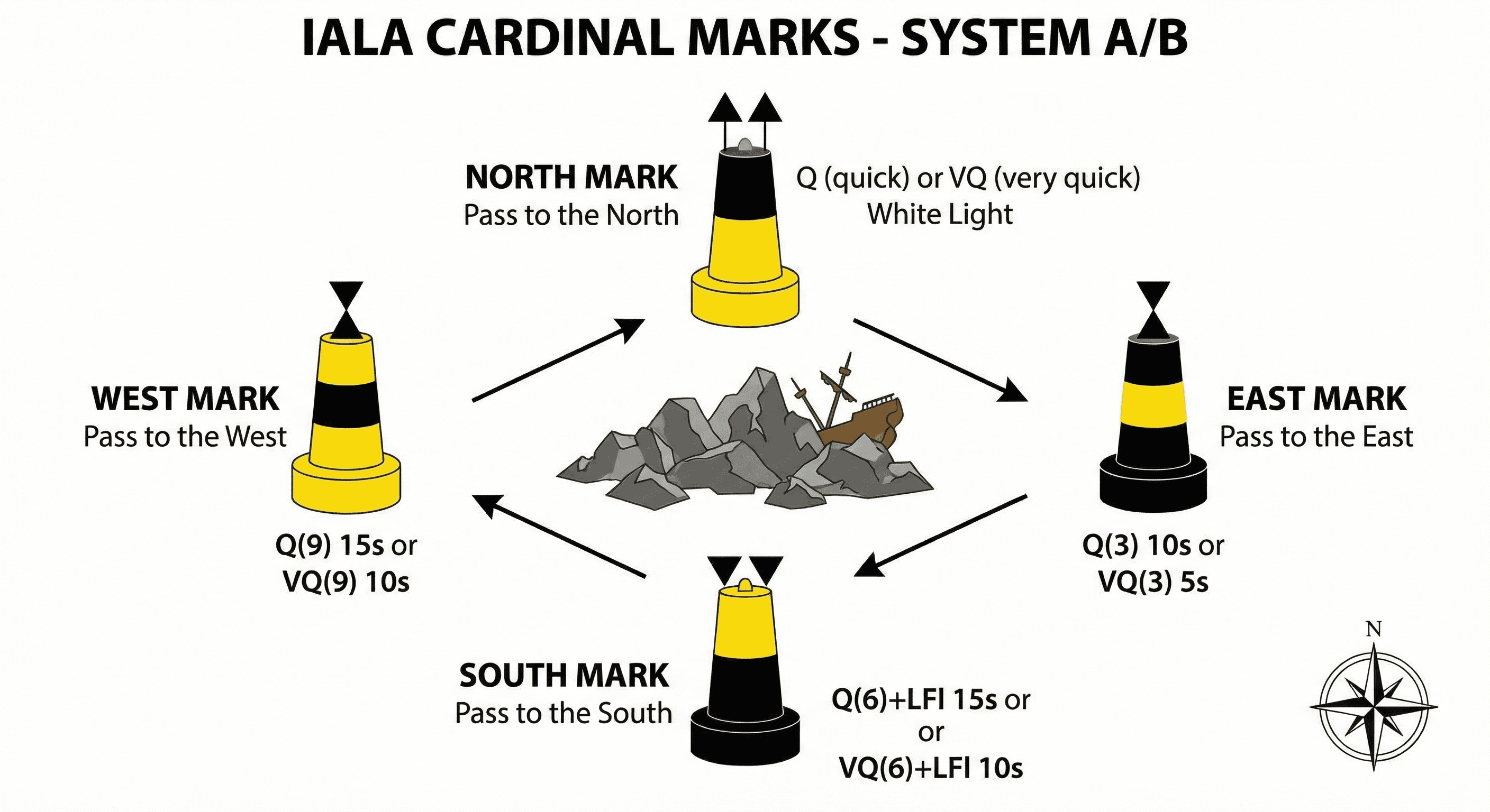 Cardinal marks (N, E, S, W) maritime navigation diagram
