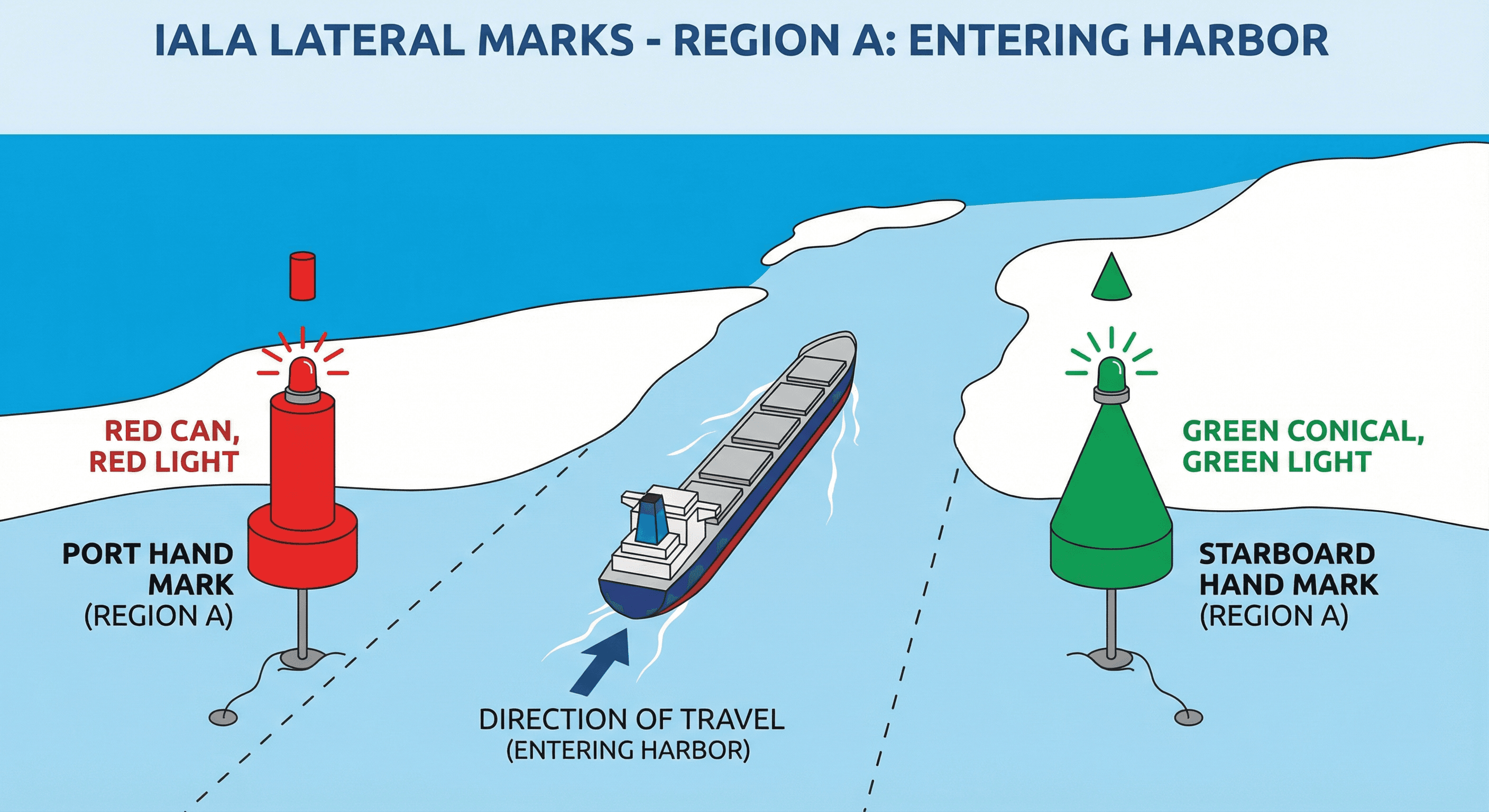 IALA lateral marks (Region A & B) maritime navigation diagram