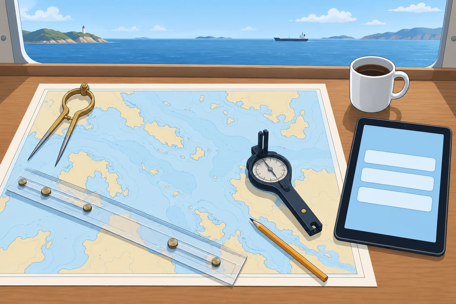 A navigation desk viewed from above with a nautical chart, dividers, parallel ruler, hand-bearing compass, pencil, mug and tablet showing a quiz.