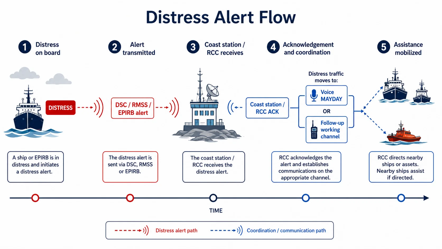 Figure 23 of the manual: complete distress action flow — DSC alert, abandonment, SART/EPIRB, traffic with RCC