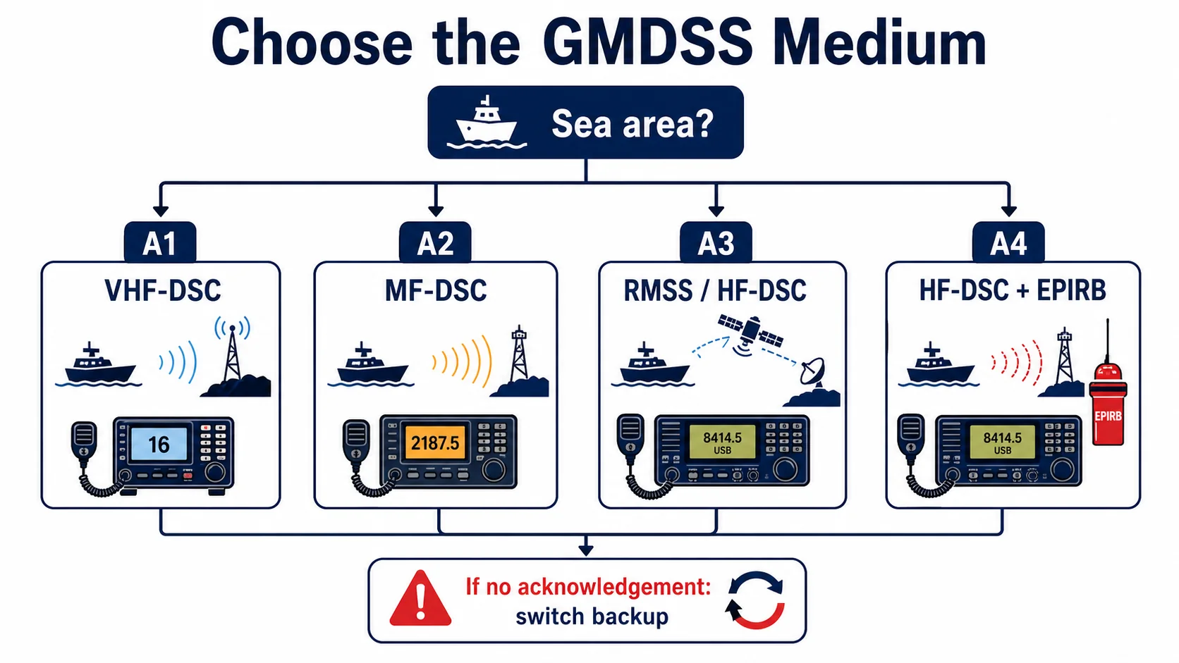 Decision tree: sea area → primary medium → backup → EPIRB