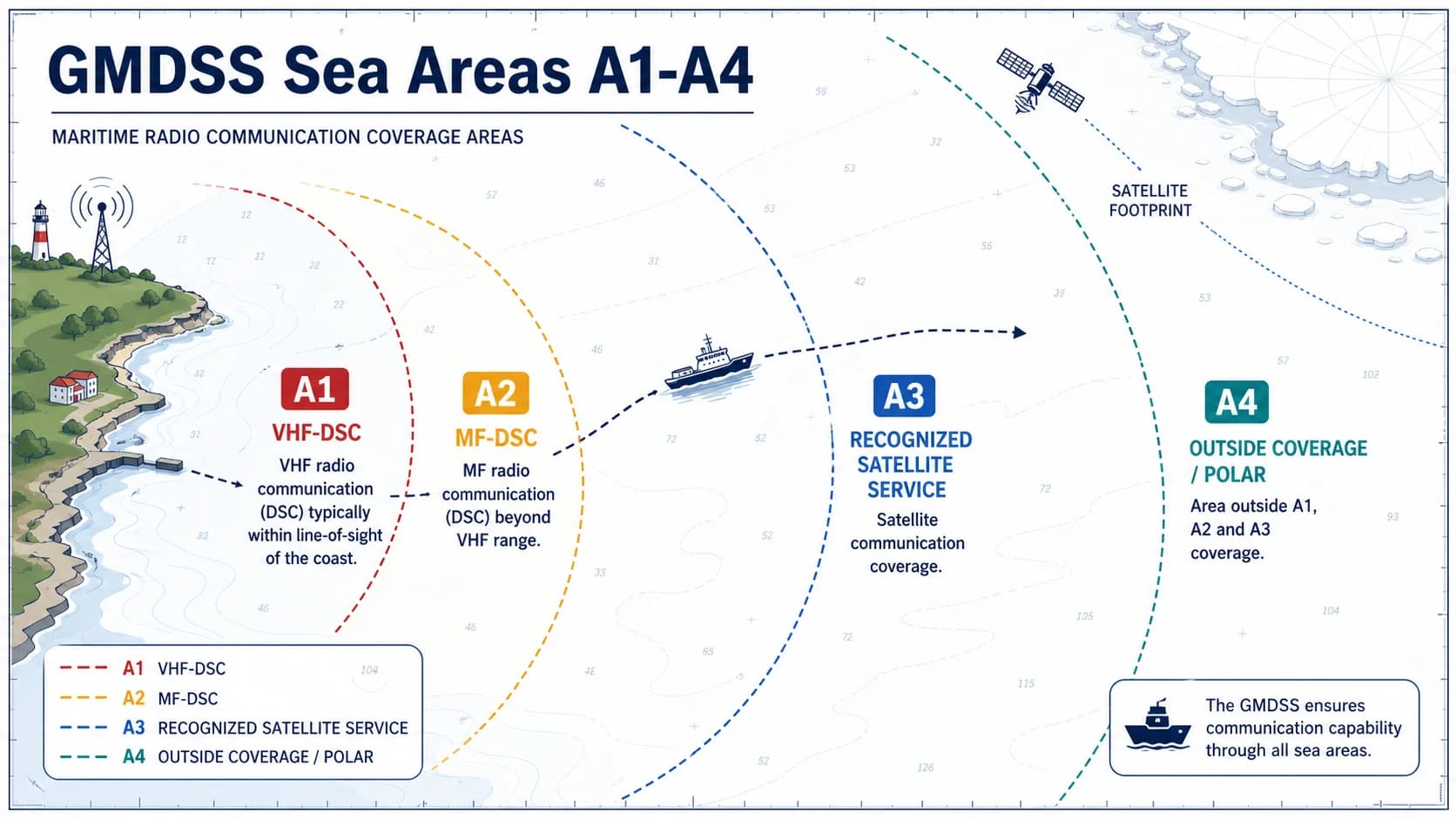 Sea-area map A1–A4 around a typical coastline