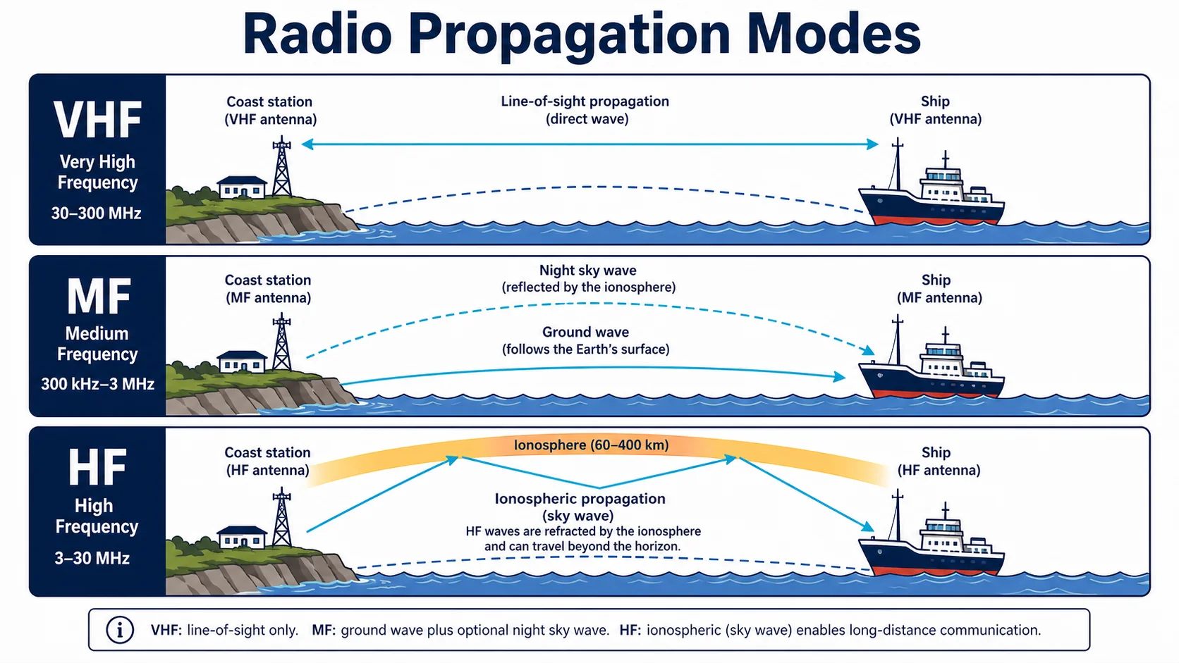 Three propagation modes: line-of-sight (VHF), ground-wave (MF) and ionospheric refraction (HF)