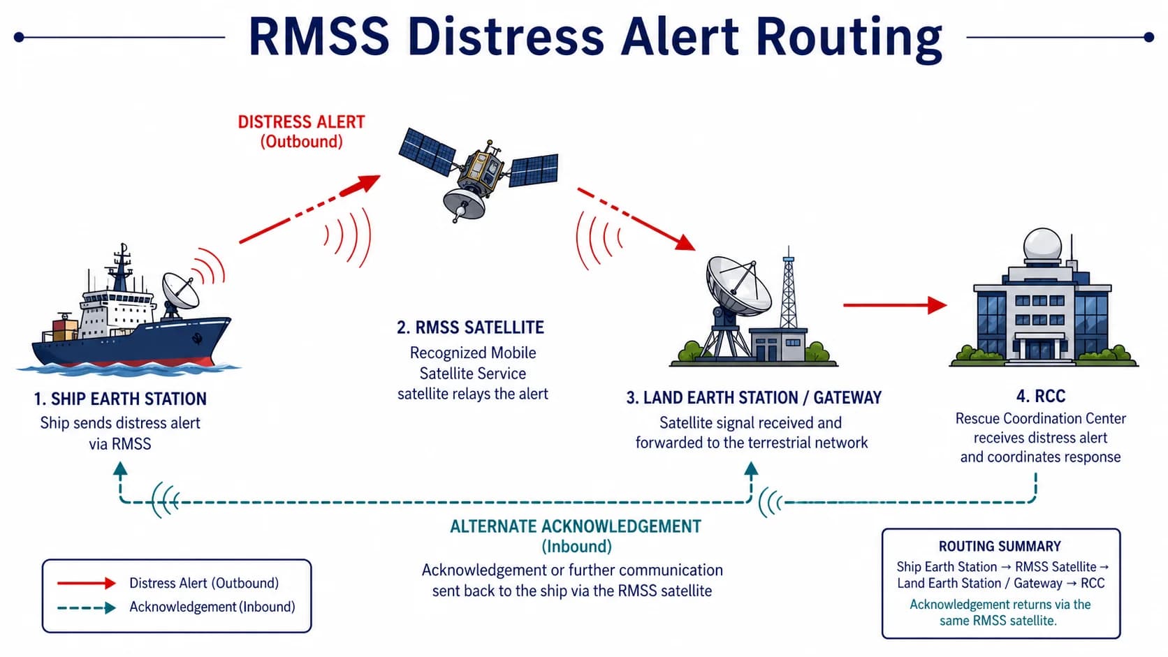 RMSS alert routing: shipboard terminal → NCS/gateway → LES → associated RCC