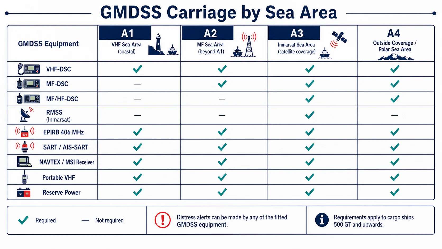 Visual matrix of GMDSS equipment required by SOLAS in each sea area A1/A2/A3/A4, with ticks per obligation